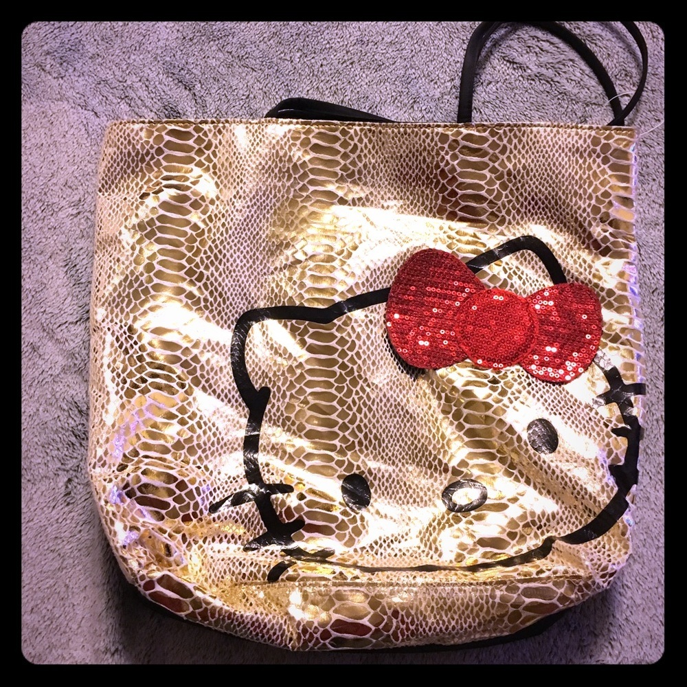 Hello Kitty Metallic Gold Tote Bag Sanrio Sequin Bow Y2K Glam Shoulder Bag - Picture 2 of 5